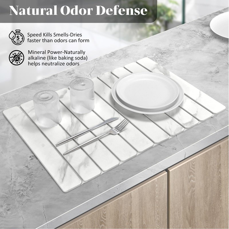 Stone Dish Drying Mats for Kitchen Counter, 24"(L)×16"(W) Marble-Pattern, Collapsible