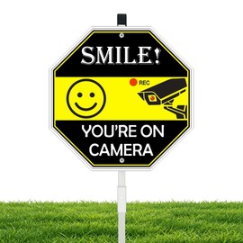 Smile Your On Camer Sign, Video Surveillance Signs Outdoor, Aluminum Yard Sign with Stake, 28" Heavy Duty Weatherproof Sign