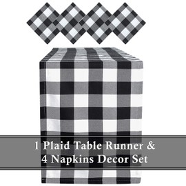 Table Runner and 4 Napkins - White Plaid Pattern - 110 Inch x 14 Inch Runner and 17 Inch x 17 Inch Napkins - in Gift Box (White Buffalo Check Plaid)