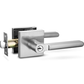 Berlin Modisch Entry Lever Door Handle Lock and Key Slim Square Locking Lever Set [for Front Door or Office] Reversible for Right & Left Sided Doors Heavy Duty – Satin Nickel Finish