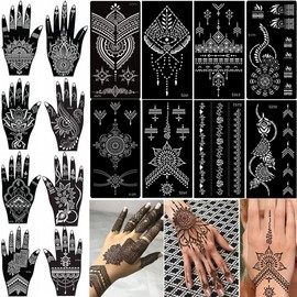 XMASIR 16 Sheets Henna Temporary Tattoos Stencil, Indian Arabic Hands Tattoo Temple Sticker for Women Body Body