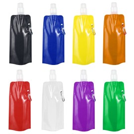 CAINCAY Foldable Sports Bottle, 8 pcs 480ml Collapsible Water Bottle Plastic Water Bag Reusable Drink Pouches Bags with Clip, Foldable Water Bags Drinks Flasks for Outdoor Sports