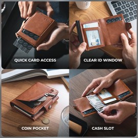 VULKIT Wallet for Men with Pop Up Card Holder 10-12 Cards, Trifold RFID Blocking Credit Card Wallet with ID Window, Cash Slot, Zip Coin Pocket, Minimalist Smart Compact Metal Aluminum Card Case