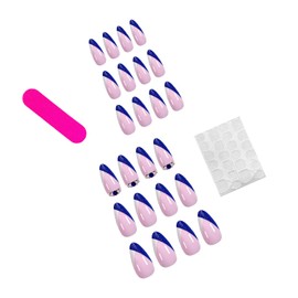 Almond False Nails Press on Nails Medium Blue French Tip Fake Nails Artificial Acrylic Nails with Blue Glitter Rhinestones Design 24Pcs Full Cover Glossy Reusable Coffin Nails Glue on Nails for Women