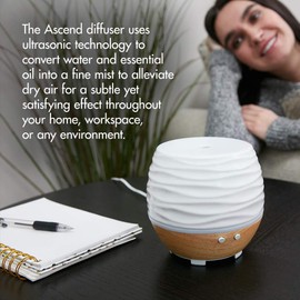 Ellia, Ascend Ultrasonic Aroma Diffuser Consciously Crafted Ceramic and Wood with Natural Aroma, Soothing Humidity, Gentle Glow, 6 Hours Continuous Runtime, and Essential Oil Starter Kit White