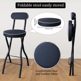 UWEAR 1 PCS Folding Bar Stool with Back, Tall Foldable Stool Seat Padded Portable Stools Counter Height Foldable Stools Chairs Collapsible Stool for Adults Kitchen Island (Black)