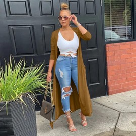 Adogirl Women's Casual Long Sleeve Lightweight Soft Cover Ups Outerwear Open Front Maxi Drape Cardigans with Pockets Brown XXL, Brown, XX-Large