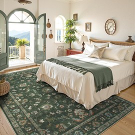 Hedlive Vintage Dark Green Area Rug 6x9, Ultra Thin Floral Washable Rugs for Living Room Bedroom, Boho Stain Resistant Dining Room Rug, Soft Large Green Carpet for Farmhouse