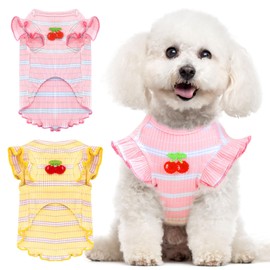 XGDMEIL 2 Pack Striped Small Dog T Shirt Cute Cherry Girl Dog Clothes for Small Dogs Cats Breathable Soft Cotton Pet Puppy Sleeveless Vest Spring Summer Doggy Outfits（Pink+Yellow,Medium）