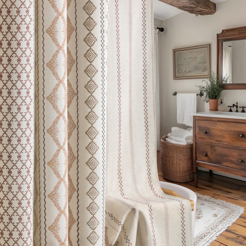Boho Linen Shower Curtain for Bathroom with Striped Print,72" W
