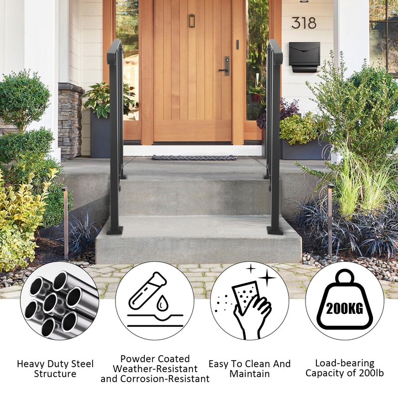 Outdoor Stair Handrails, 2 Steps Black Wrought Iron Railing Kits
