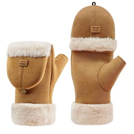 Geoxury Winter Fingerless Gloves for Women, Convertible Mittens Glove Warm Fur Half Finger Cover Gloves for Cold Weather