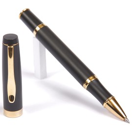 Lanier GRIPPER Rollerball Pen, Matt Black body Executive Design, 0.7mm Med. Point Schmidt 5888 Refill, Quality Chrome, and Gold Accents with Contoured Grip