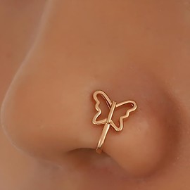 Tofwaol Gold Butterfly Nose Ring Fake Nose Piercing Bendable Gold Faux Nose Ring Gold Nose Cuff Nose Rings for Women Tiny Butterfly Nose Rings Studs U Shaped Clip On Nose Ring Stud for Men Women