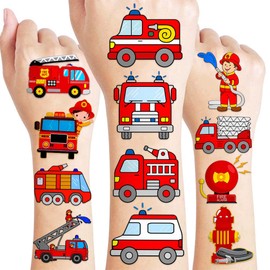 8 Sheets (96PCS) Fire Truck Temporary Tattoos Themed Firefighter Birthday Party Supplies Favors Decorations Stickers For Kids Gifts Classroom School Prizes Rewards