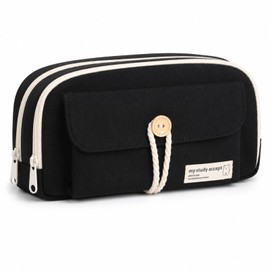 Rotoha Pen Case, Large Capacity, Korean, Simple, Pen Pouch, Plain, Multi-functional, Pencil Case, Stationery Storage, Middle School Students, High School Students, Black, Stylish