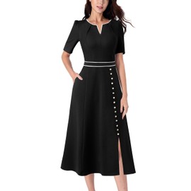 VFSHOW Womens Pleated Notch V Neck Buttons Pockets Work Business Front Split Professional Office Church Slim A-Line Midi Dress (Black, Medium) 11265 BLK M