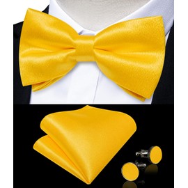 DiBanGu Mens Satin Pre-tied Bowtie and Pocket Square Cufflinks Set Adjustable Solid Color Bow Tie with Lapel Pin for Wedding, Yellow