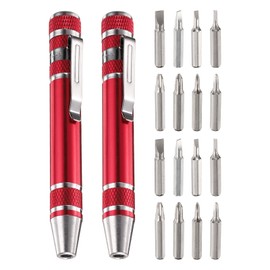 HARFINGTON 2pcs 8 in 1 Mini Pocket Pen Screwdriver Set CR-V Multi-Function Small Magnetic Screw Driver with Phillips and Flat Head Bits for Computer Eyeglasses, Red