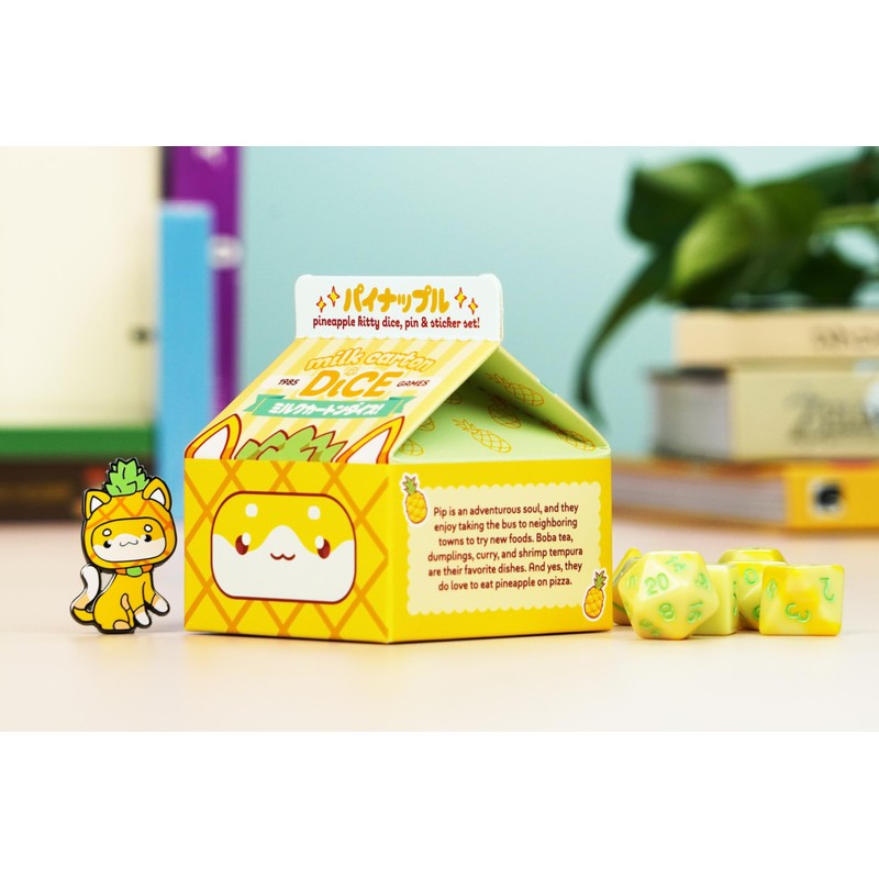 1985 Games Pineapple Kawaii Cat Dice Set – Milk Carton-Inspired