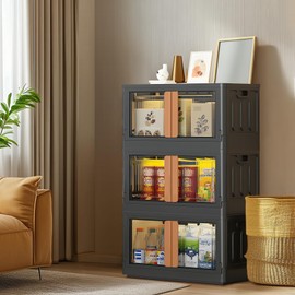 GCCSJ 76Qt Stackable Plastic Storage Boxes with Lids, Foldable Closet Organizers and Storage Containers with Wheels, Collapsible Storage Bins for Home Organization, 3 Pack Black