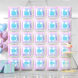 NISOCY 25PCS Iridescent Square Foil Balloons Wall Backdrop Holographic Balloons Tunnel Garland Arch Kit for Birthday Wedding Graduation Bridal Baby Shower New Year Rainbow Party Decorations