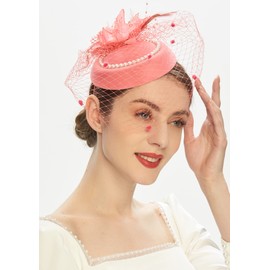 Pillbox Hats 20s 50s Vintage Fascinators for Women with Feather Mesh Veil Headband Bridal Wedding Tea Party (E1-Coral)