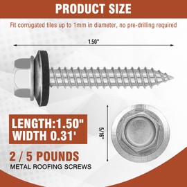Zonon 250 Pcs Metal Roofing Screws #14 x 1-1/2 Inch Hex Head Sheet Metal Screws for Roof Panels with EPDM Rubber Washer