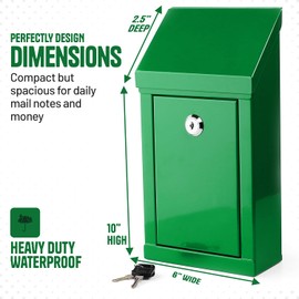 Metal Donation Box-Suggestion Box with Slot and lock-Cash Lock box for Money-Waterproof Drop Box-Comment and ballot voting box-comes with pre-drilled holes for easy wall mounting 10 X 6 X 2.5"(Green)