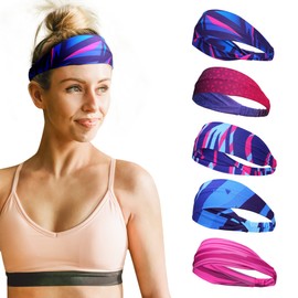 Sukeen Sweatband Printed Headband, Cooling Sweatbands for Women, Breathable Sweat Wicking Headbands, Sports Workout Wide Sweat Band for Yoga, Gym, Camping, Running, Unisex Non-Slip Hairband (5 Pack)