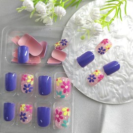 Spring Press on Nails Short Fake Nails Square with Floral Designs White Dots Nails Press ons Dark Purple Full Cover Glue on Nails Pink Acrylic False Nails Artificial Stick on Nails for Women 24Pcs