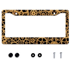 Golden Gears License Plate Frame Texture Stainless Steel License Plate Frame Auto Parts Decoration with Screws License Plate Holder for Men Women 12x6 Inch
