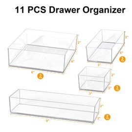 Recogwood Stackable Acrylic Drawer Organizer Set, 11 PCS Multi-Size Storage Bins for Makeup, Office Desk, Bathroom, Vanity and Kitchen Utensils