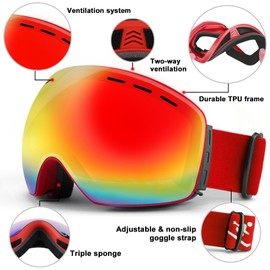Trusiel Ski Goggles, Ski Goggles Women Men Anti-Fog Ski Goggles OTG, Ski Goggles for Glasses Wearers, 400 UV Protection Snow Goggles Compatible Helmet (Red (VLT 17%))