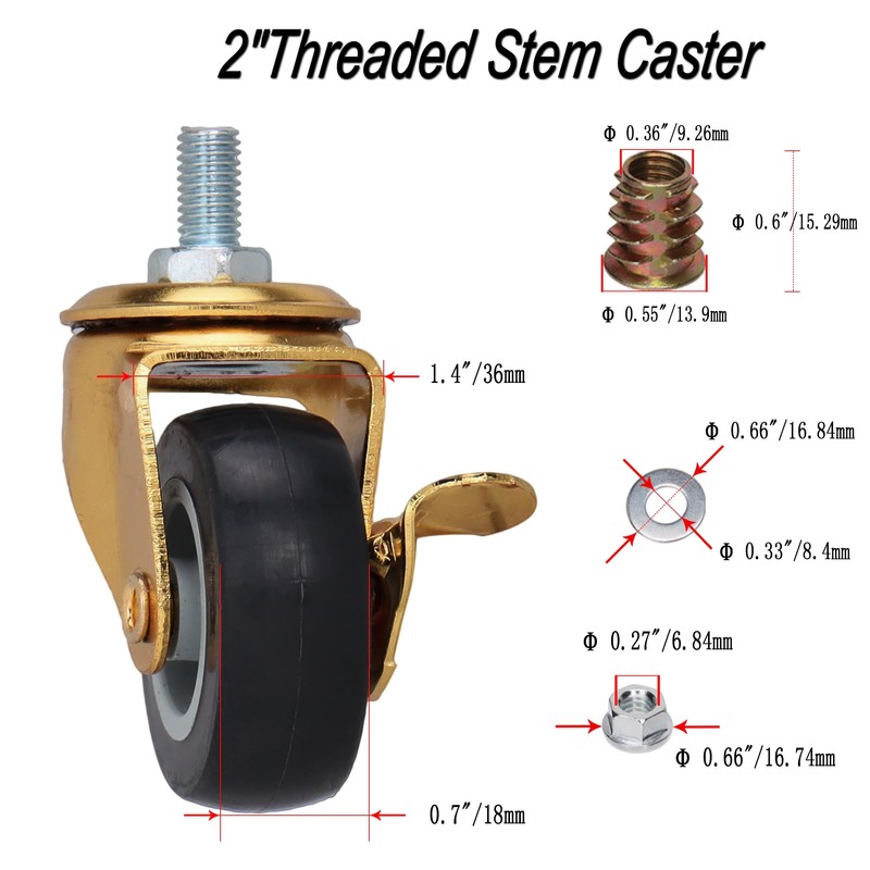 BAISASY 2 Inch Stem Caster Wheels with Brake, Metric Size