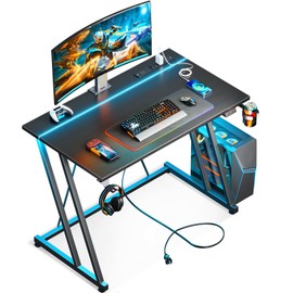 MOTPK 32 Inch Small Gaming Desk with LED Lights & Power Outlet, Computer Desk for Small Space, Gaming Table with Carbon Fiber Texture, Kids Desk Gift for Boys Men, Black