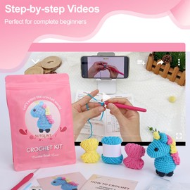 Crochet Kit for Beginners Adults & Kids,Amigurumi Crochet Animal Kit, Easy Learn to Crochet with Step-by-Step Video Tutorials, Complete Unicorn Amigurumi Plushie Making Set (40%+ Yarn)