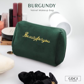 Junesters Velvet Makeup Bag, Travel Pouch for Women with Zipped, Portability Small Velvet Bags, Flannel Toiletry Bag, Travel Storage Bag Gifts for Lady or Girl(Green