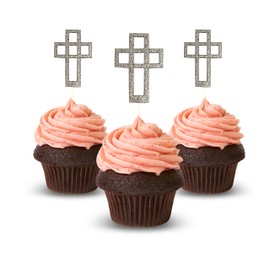 Easter Cross first communion Cupcake Topper card stock Color 12 pc Pack Decoration Silver