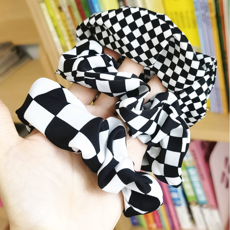 Checkered Plaid Hair Scrunchies Black White Checkerboard BW17 (Black White
