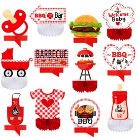12 Pcs BBQ Baby Shower Centerpieces BBQ Tables Decorations Barbecue Honeycomb Centerpieces BBQ Theme Table Topper for BBQ Picnic Party Summer Party Outdoor Gender Reveal Birthday Supplies