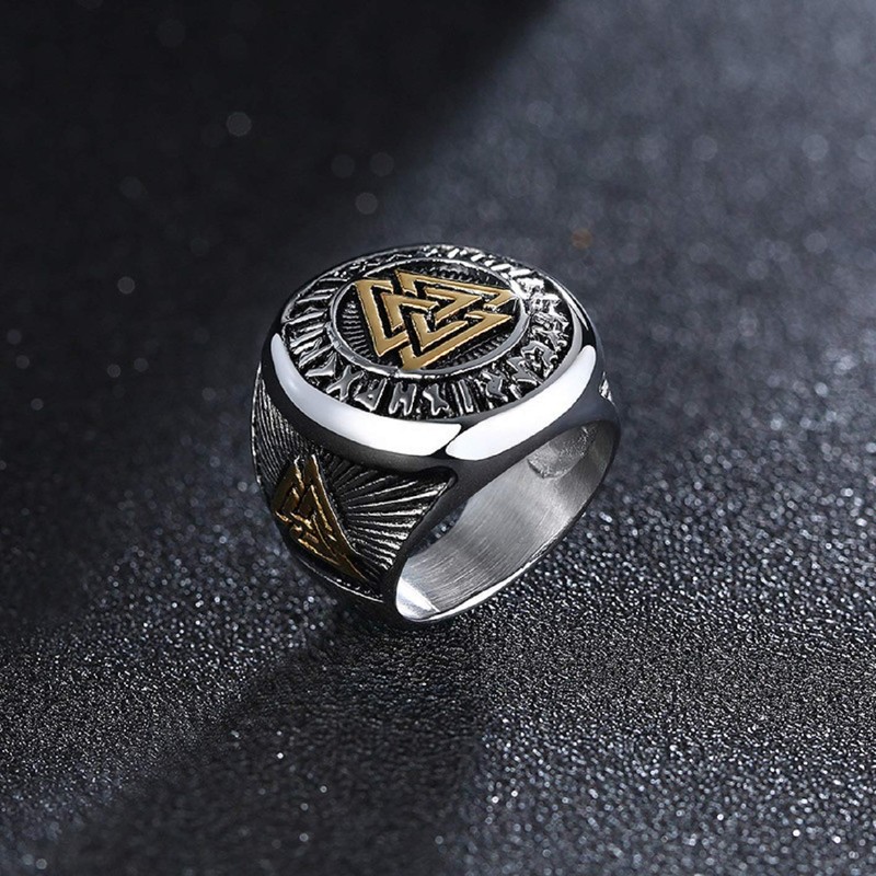 PikaLF Triple Valknut Ring With Rune Circle Symbol, Odin Symbol