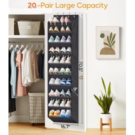 KIMBORA 10 Tier Over The Door Shoe Organizer with Large Pockets, Hanging Shoe Rack for Closet Door Storage, Fits 20 Pairs of Sneakers Boots Hanger Holder, Black