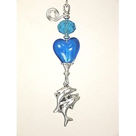 Silvery Dolphins and Starfish Blue Heart Glass Ceiling Fan Pull
