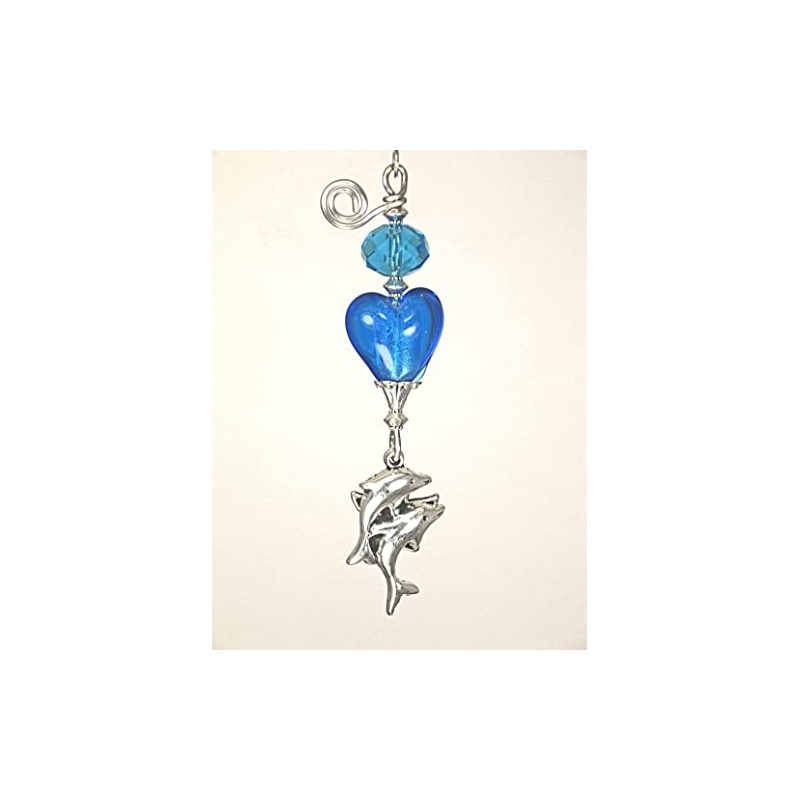 Silvery Dolphins and Starfish Blue Heart Glass Ceiling Fan Pull