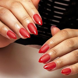 KQueenest Light Red French Tip Press on Nails Short Almond in a Matte Finish, Bright Fake Nails Press ons Short Stiletto, Velvet Soft Gel Glue on Nails for Women Fall Winter, 32 Pcs 16 Sizes