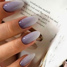 Medium Press on Nails Almond SWEKKE French Fake Nails Light Purple Gradient Full Cover False Nails with Nail Glue Glossy Glue on Nails Acrylic Manicure Artificial Nails for Women Girls 24Pcs