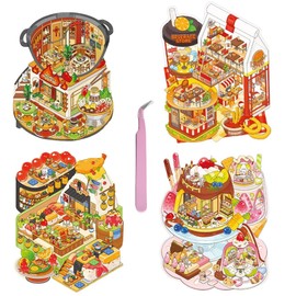 DIY 3D Sticker Scene 4 Sets Funny Cartoon 3D House Stickers Make Your Own Mini Room Scenes Miniature Scene Stickers for Adult Kids Relief Stress Pass The Time
