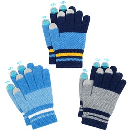 Kiiwah 3 Paia Guanti Invernali a Dita Bambini, Guanti in Maglia Magici Elasticizzati Termici Morbidi Blu, Blu navy, Grigio per Ragazzi (Età 7-9 Anni)
