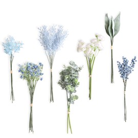 Lookein Artificial Greenery Filler Stems in Bulk 53pcs with 8 Kinds Tall Greenery Stems for Blue Wedding Decor Centerpiece Filler Wedding Bouquet Filler Bridal Bouquet DIY, French Dusty Blue